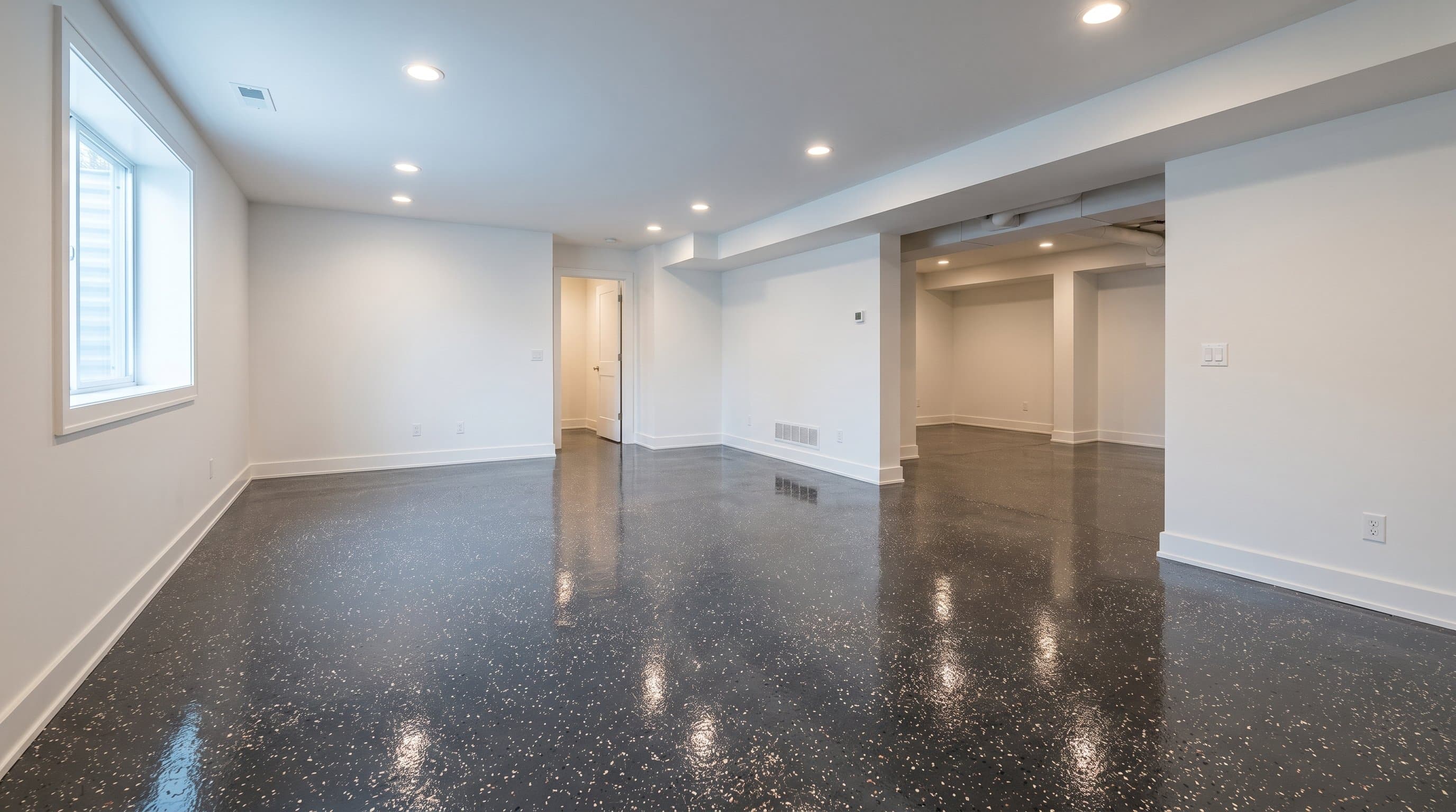 Ann Arbor basement with slate flake epoxy floor.