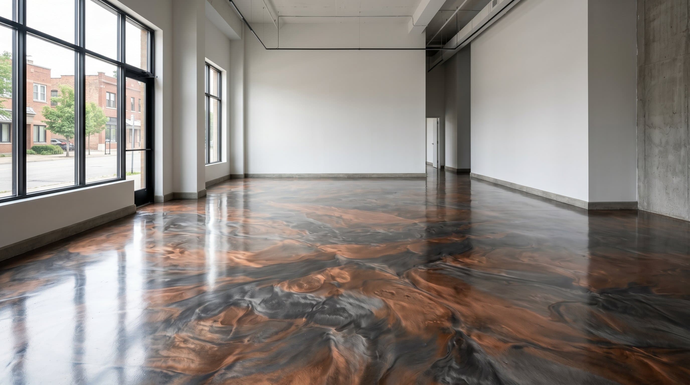 Ann Arbor showroom with copper and slate metallic epoxy.
